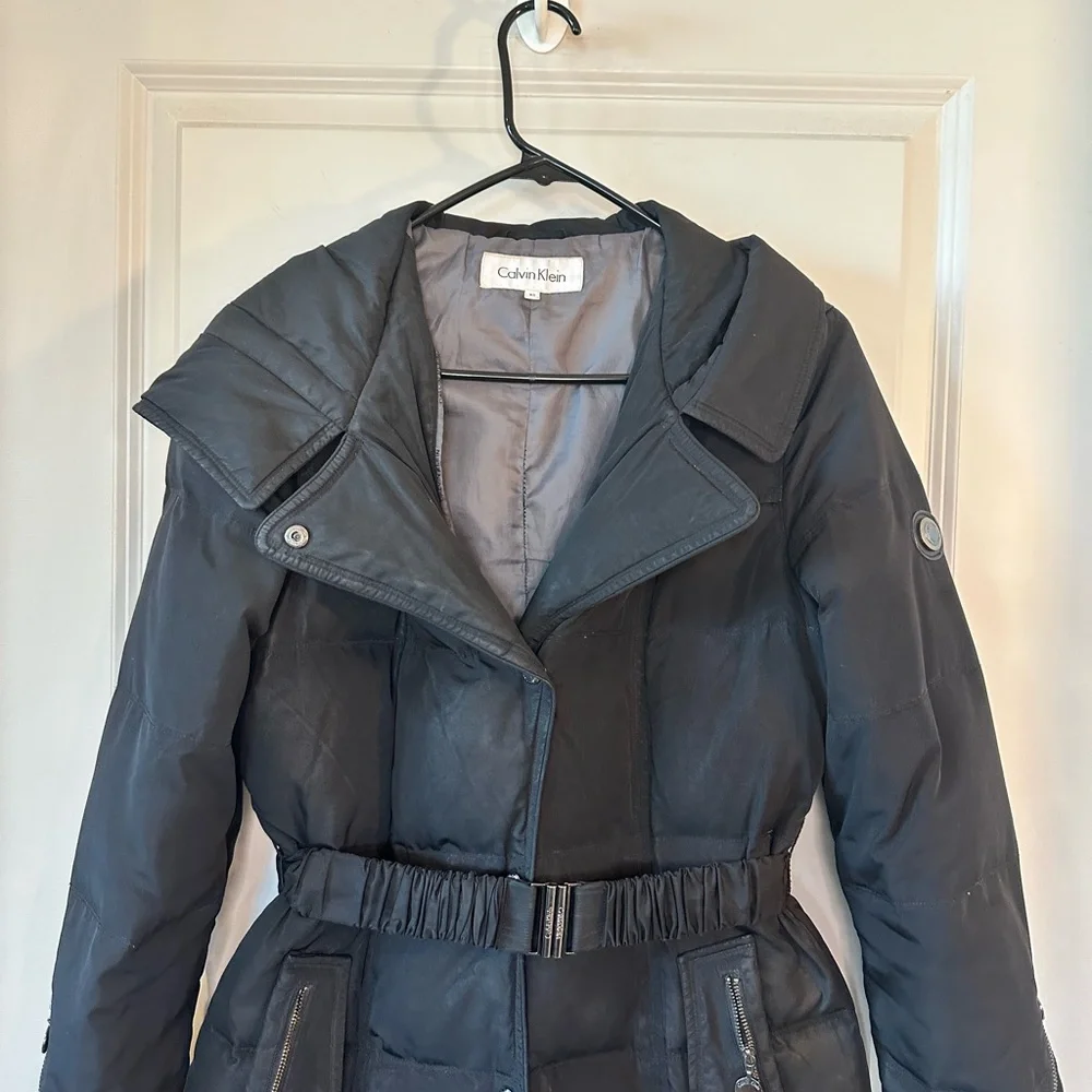 Calvin Klein Black Belted Duck Filled/Waterfowl Feathers Down KneeLength Coat,XS